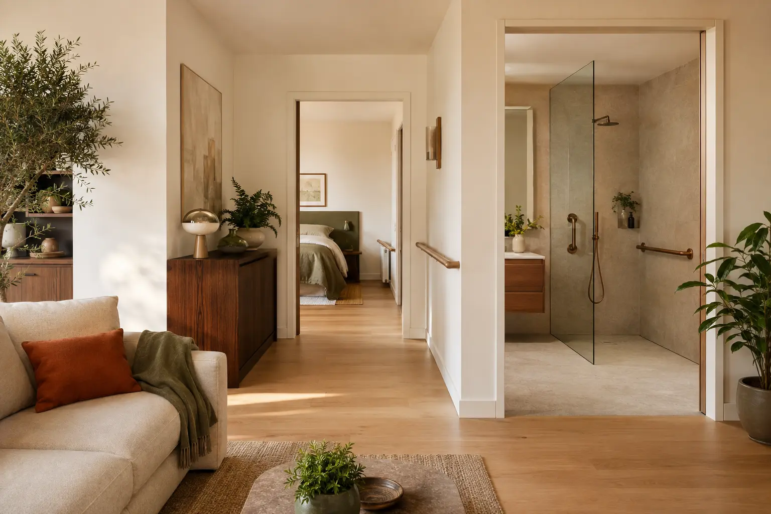 Logement chaleureux adapt&eacute; &agrave; un senior avec circulation large, chambre accessible et douche de plain-pied