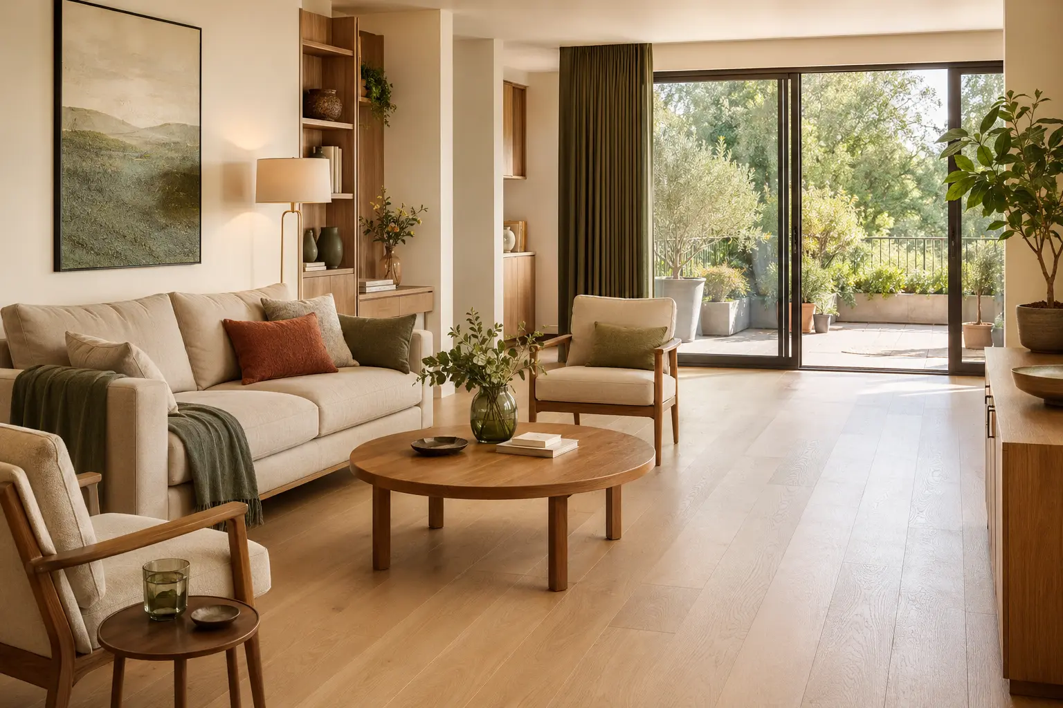Salon lumineux avec circulation d&eacute;gag&eacute;e et mobilier confortable