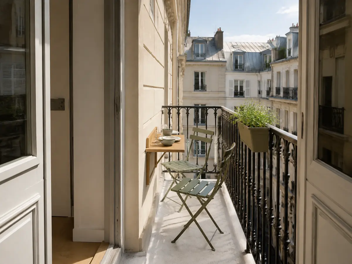 Petit balcon avec table murale rabattable