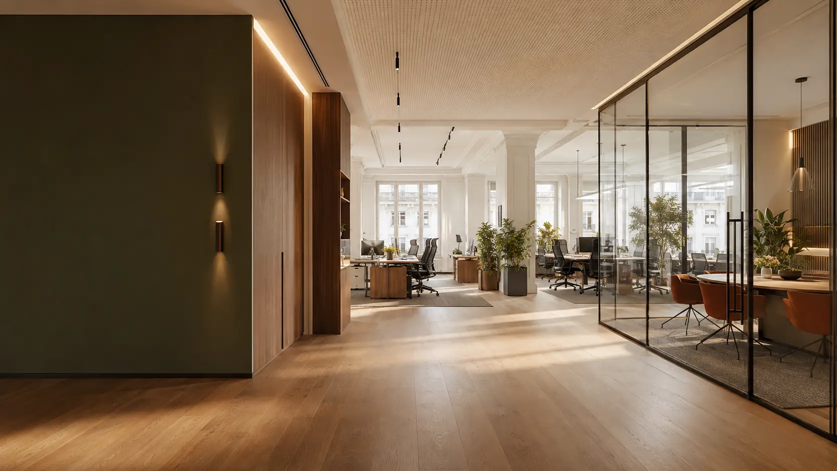 Bureaux professionnels lumineux avec open space et salle de r&eacute;union vitr&eacute;e