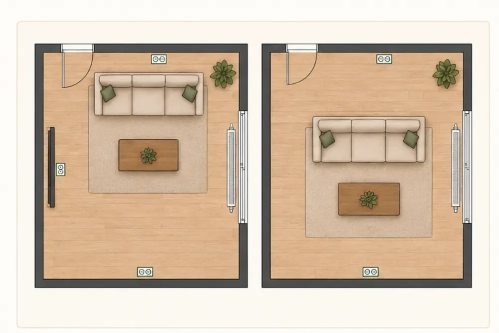 Deux plans comparant un canapé contre un mur et au centre du salon