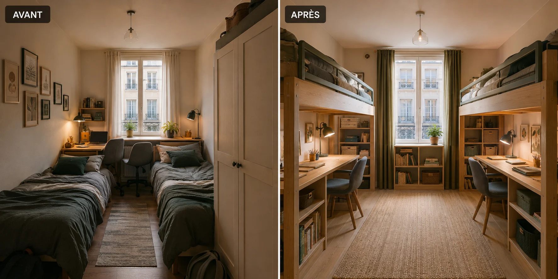 Chambre partagée pour deux préados avec deux espaces de travail