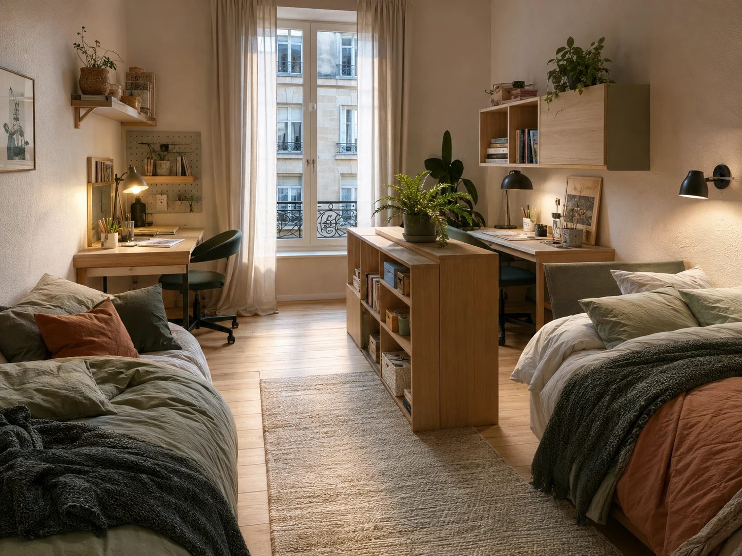 Deux bureaux séparés et lumineux dans une chambre pour préados