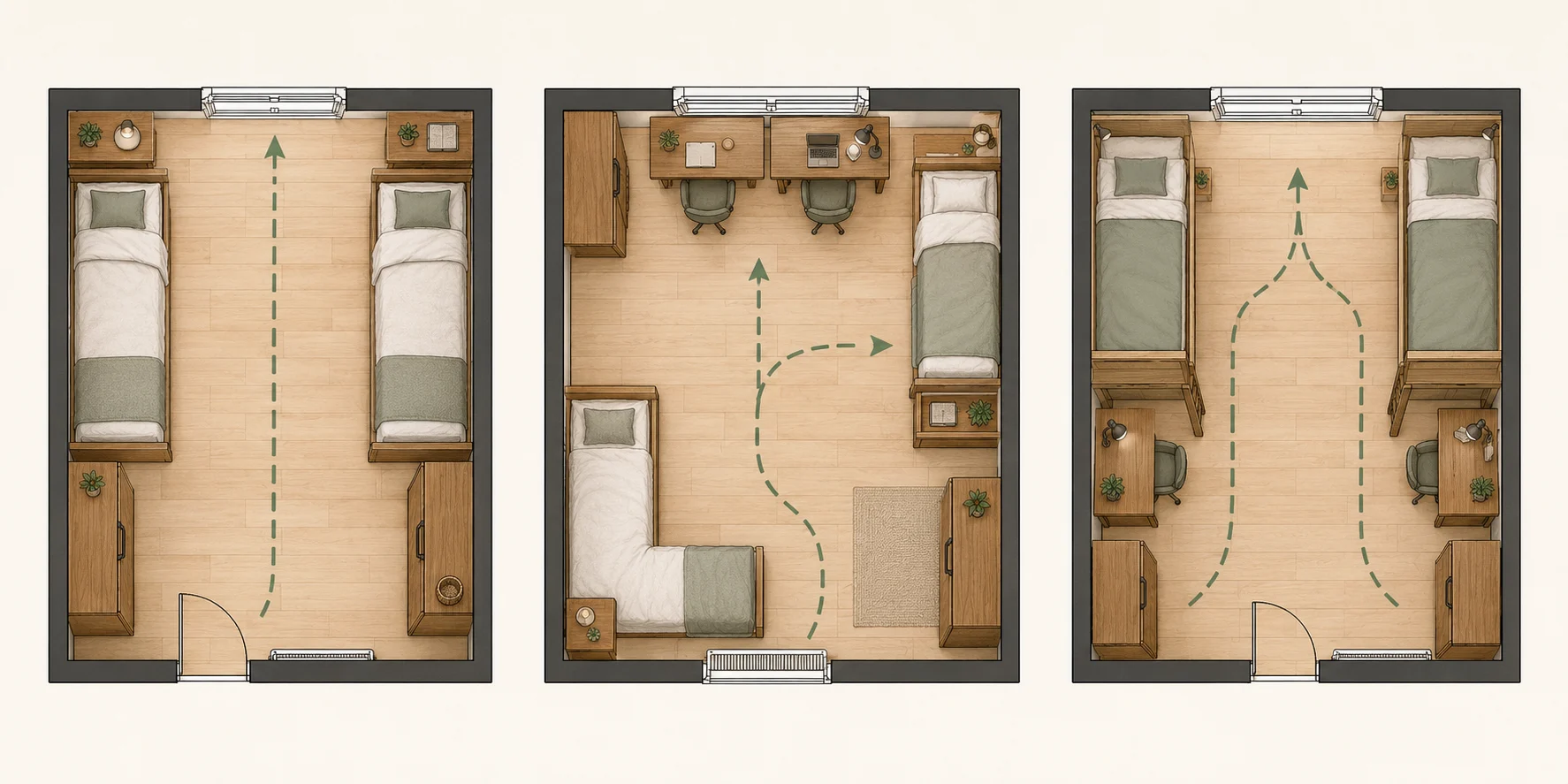 Comparaison vue du dessus de trois implantations pour une chambre partagée