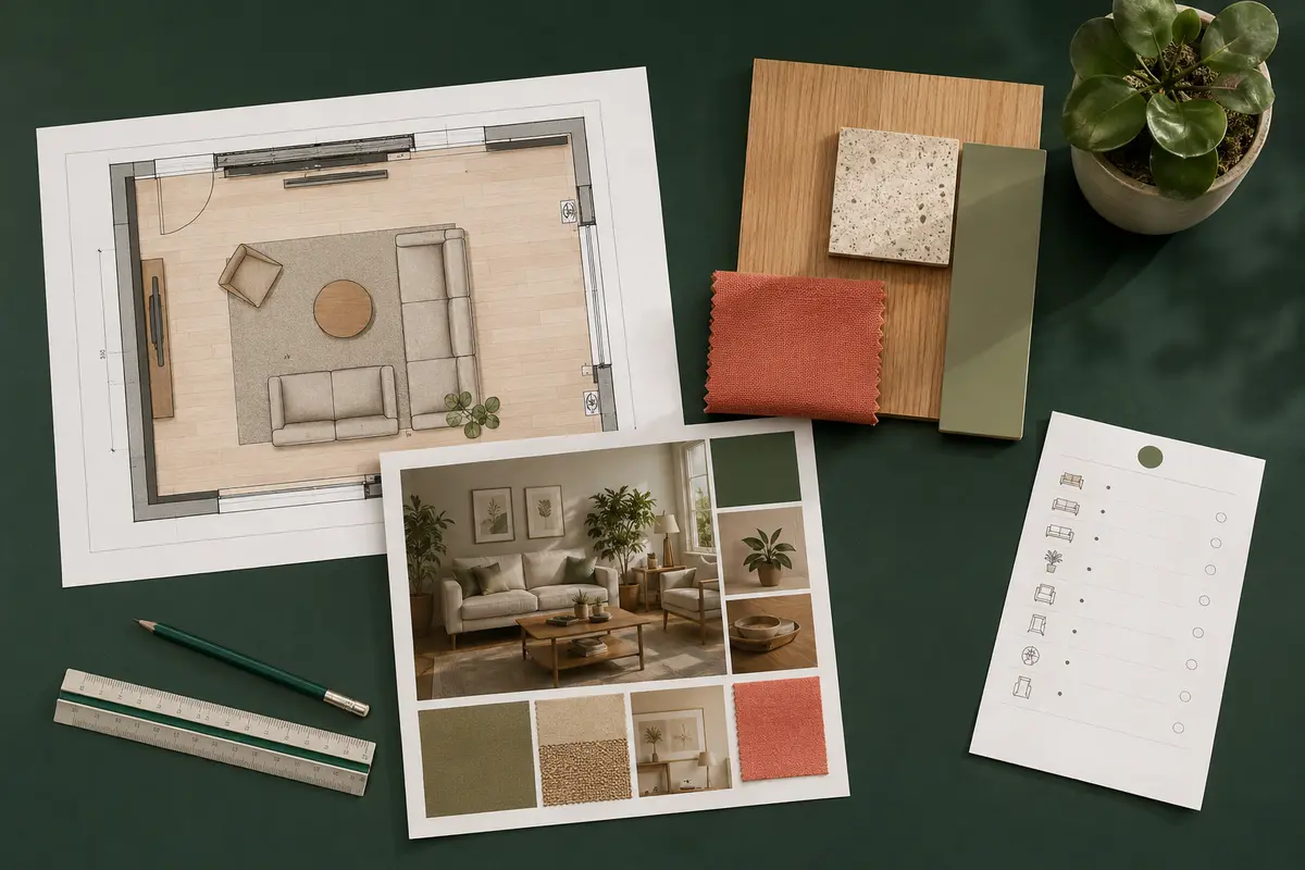 Plan 2D, moodboard et matières pour concevoir un salon