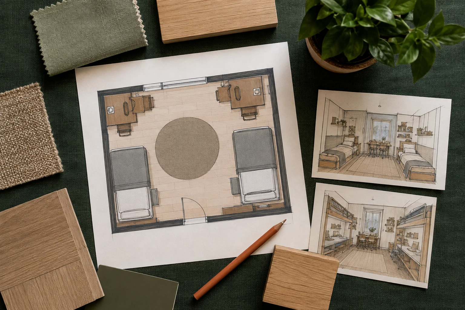 Plan d’aménagement et matières pour une chambre partagée