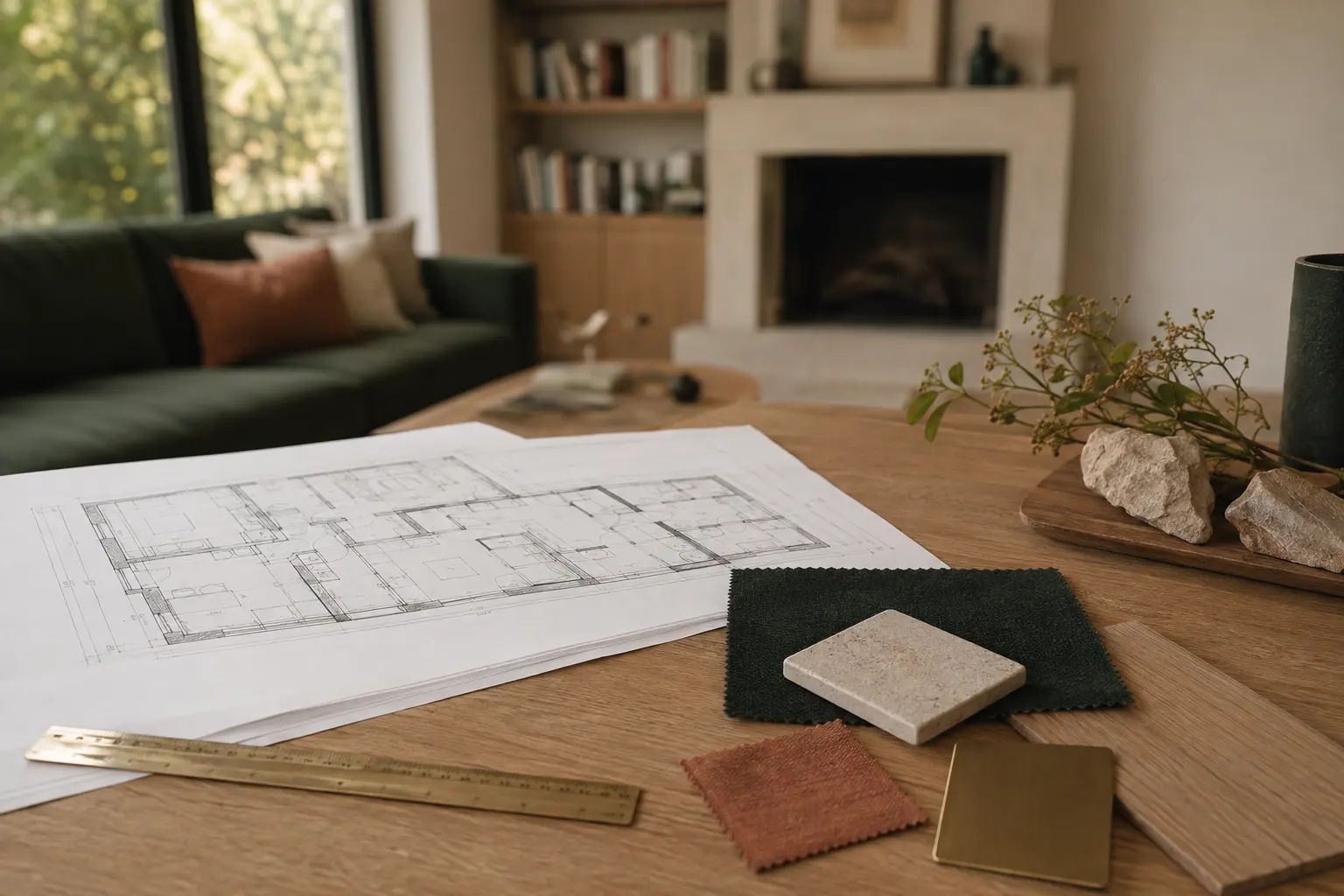 Plan de rénovation et échantillons de matériaux pour un projet en Essonne