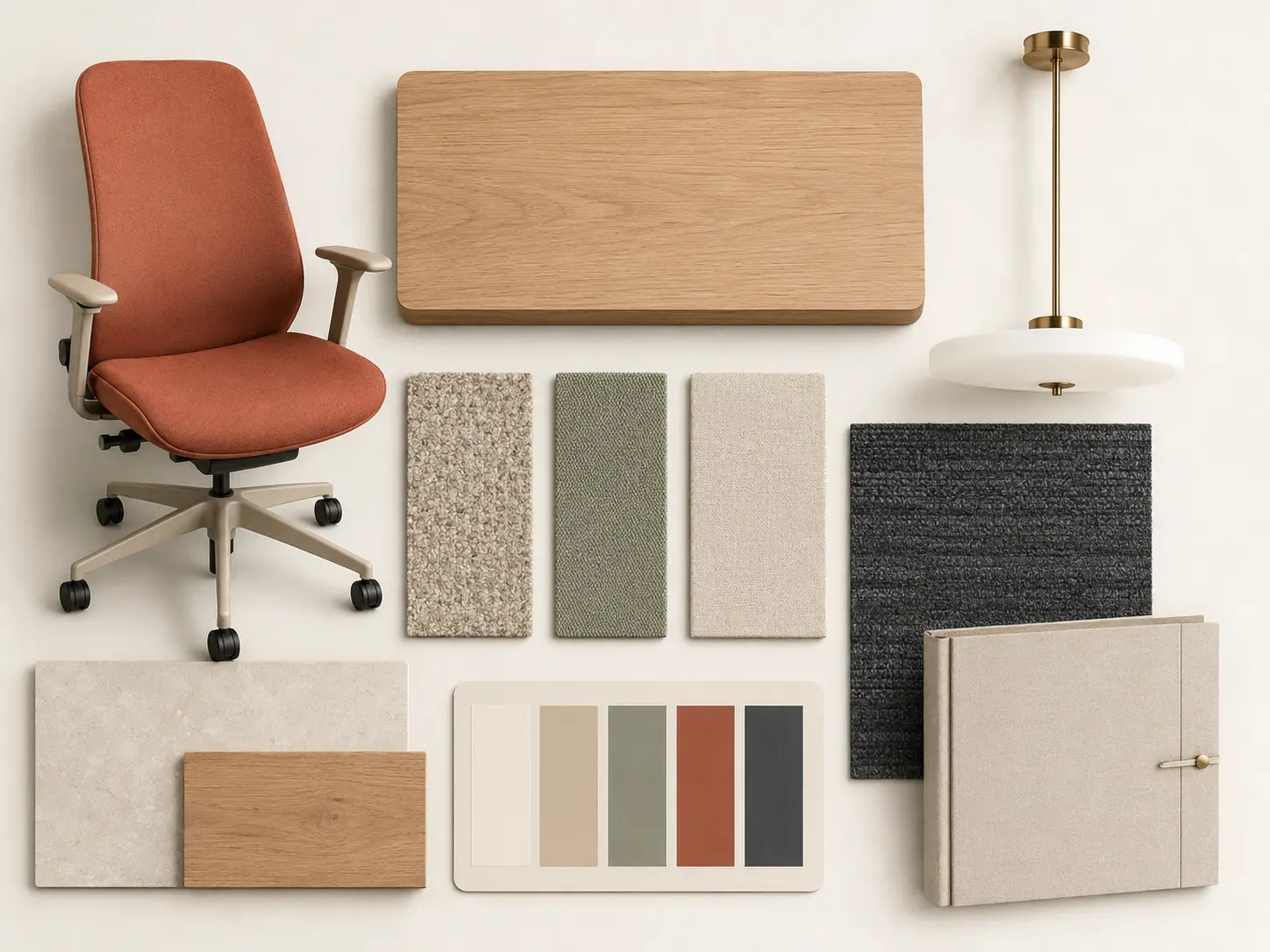 Moodboard professionnel avec chaise, table, luminaire, textiles et mat&eacute;riaux