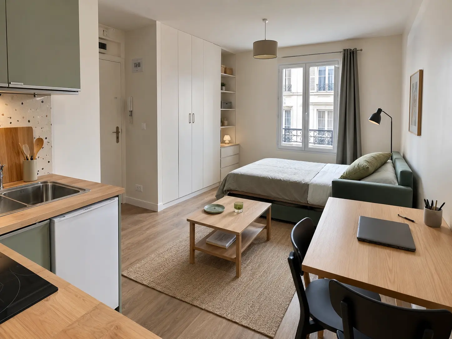 Studio locatif de 20 m&sup2; optimis&eacute; avec kitchenette, couchage, rangements et bureau