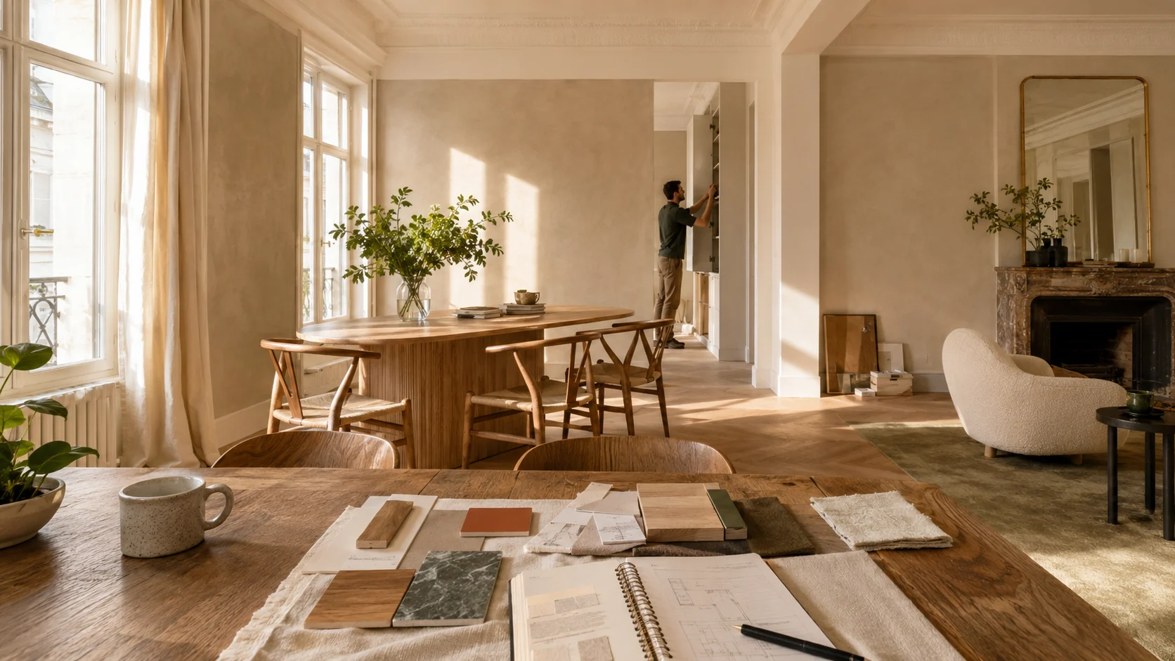 Appartement en r&eacute;novation pilot&eacute;e, avec mat&eacute;riaux et mobilier