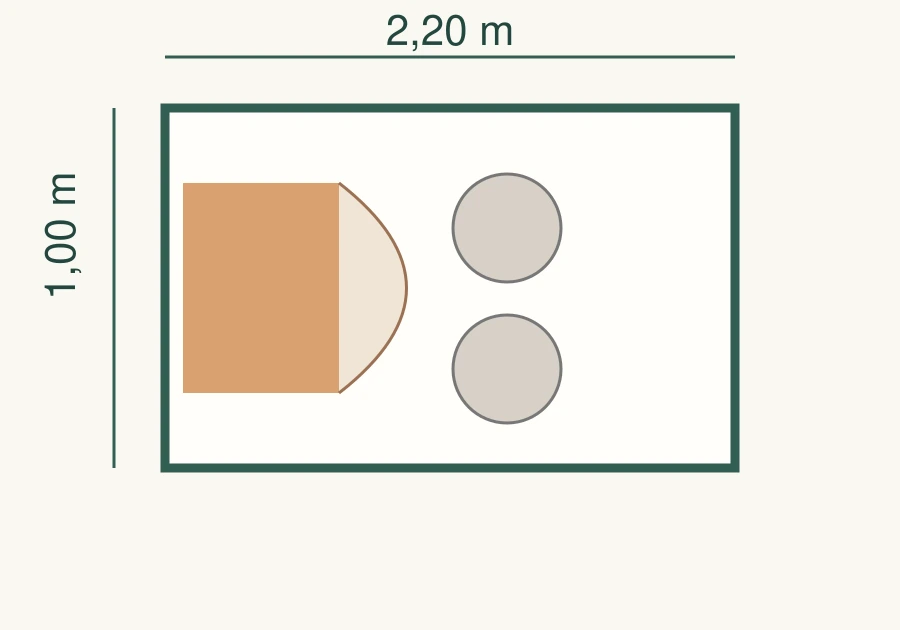 Plan 2D d’un balcon de 2,20 mètres par 1 mètre avec table rabattable