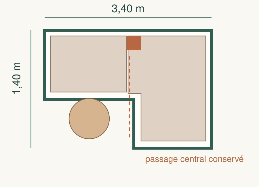 Plan 2D d’un balcon en L de 3,40 mètres par 1,40 mètre avec passage central