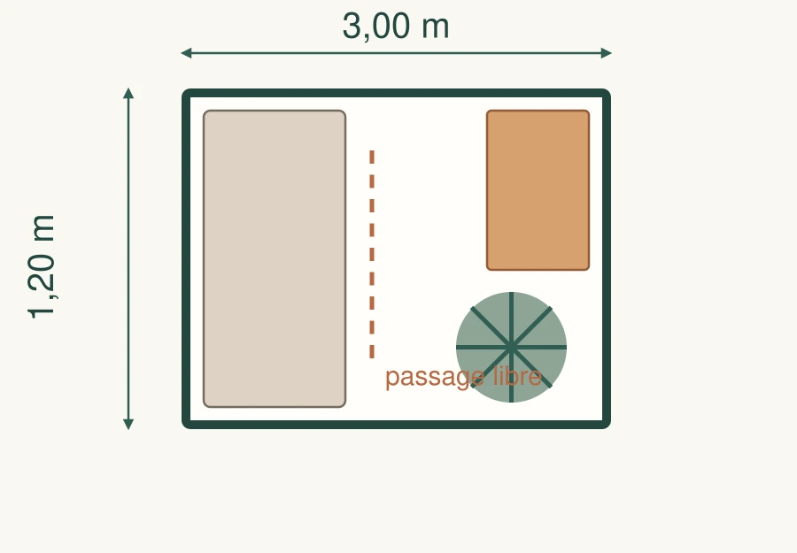 Plan 2D coté d’un balcon étroit de 3 mètres par 1,20 mètre