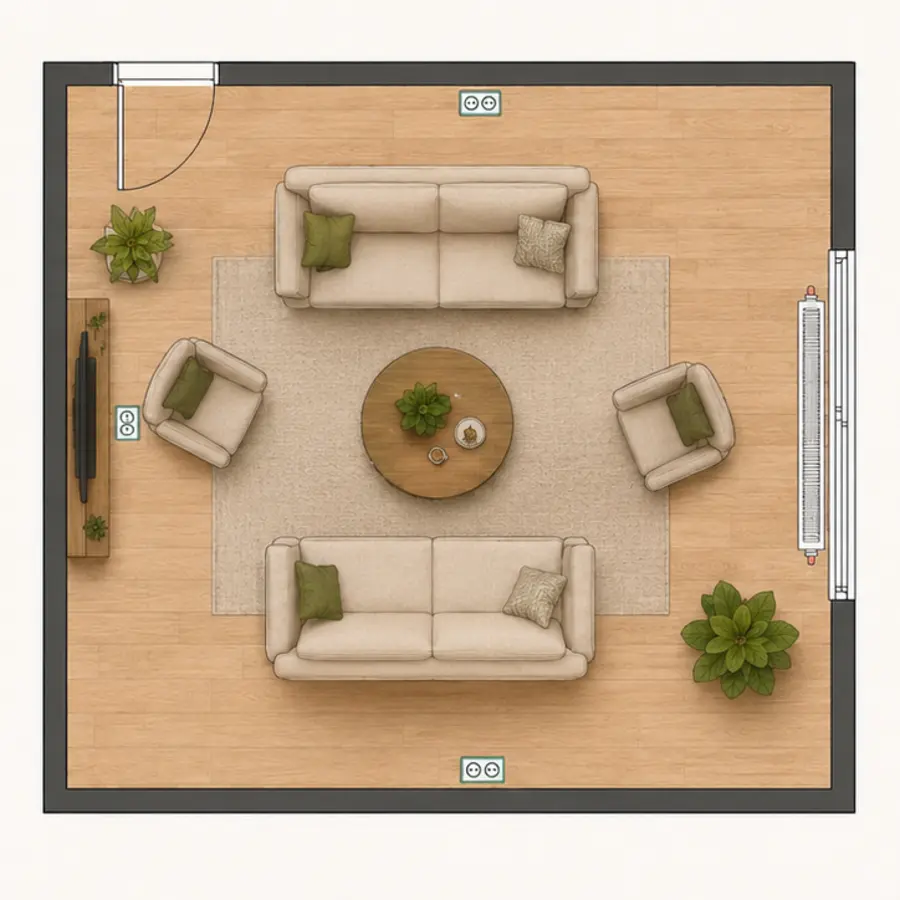 Plan B de salon organisé pour recevoir et converser