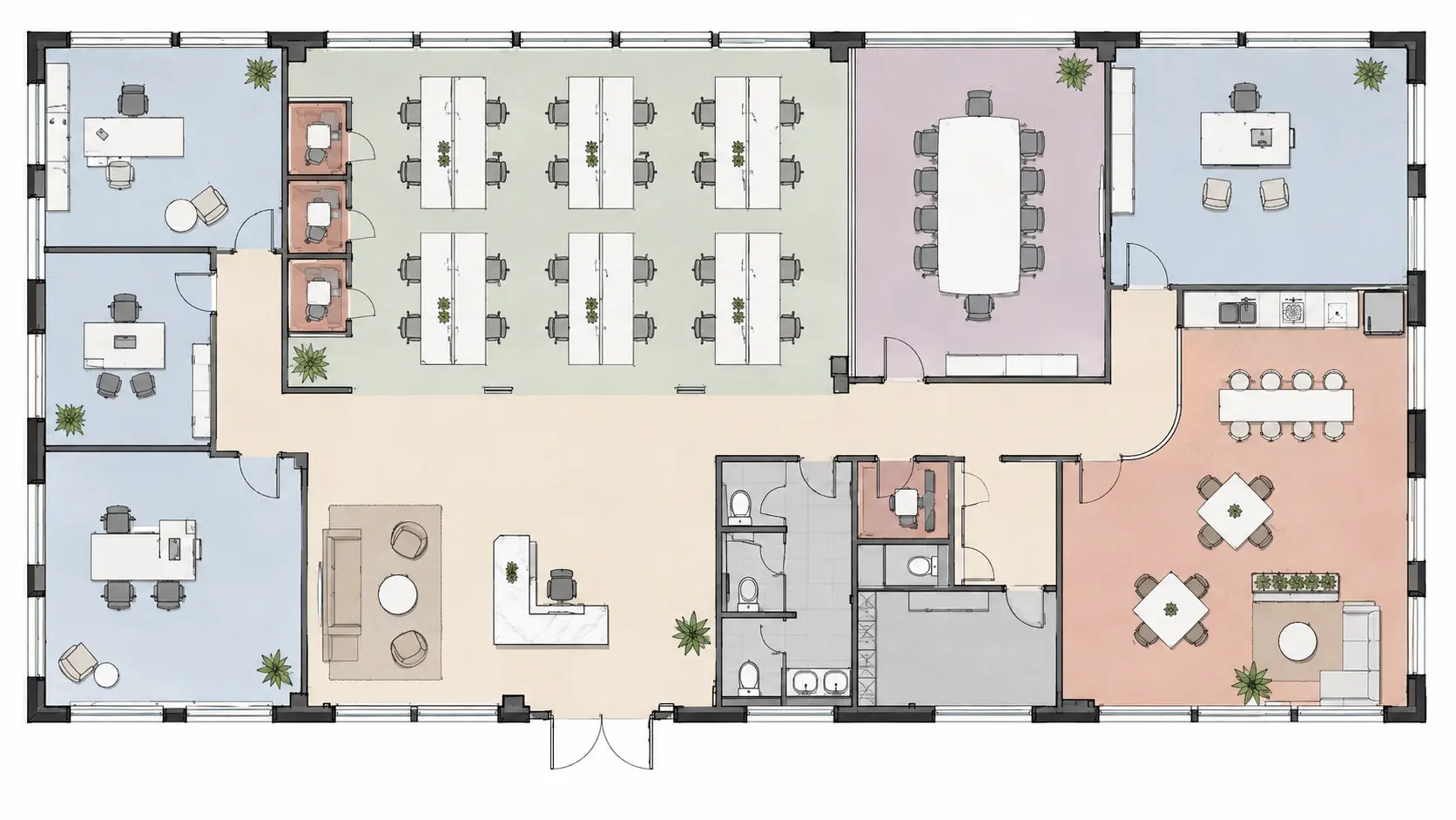 Plan de zoning de bureaux avec accueil, open space, salles et espaces confidentiels