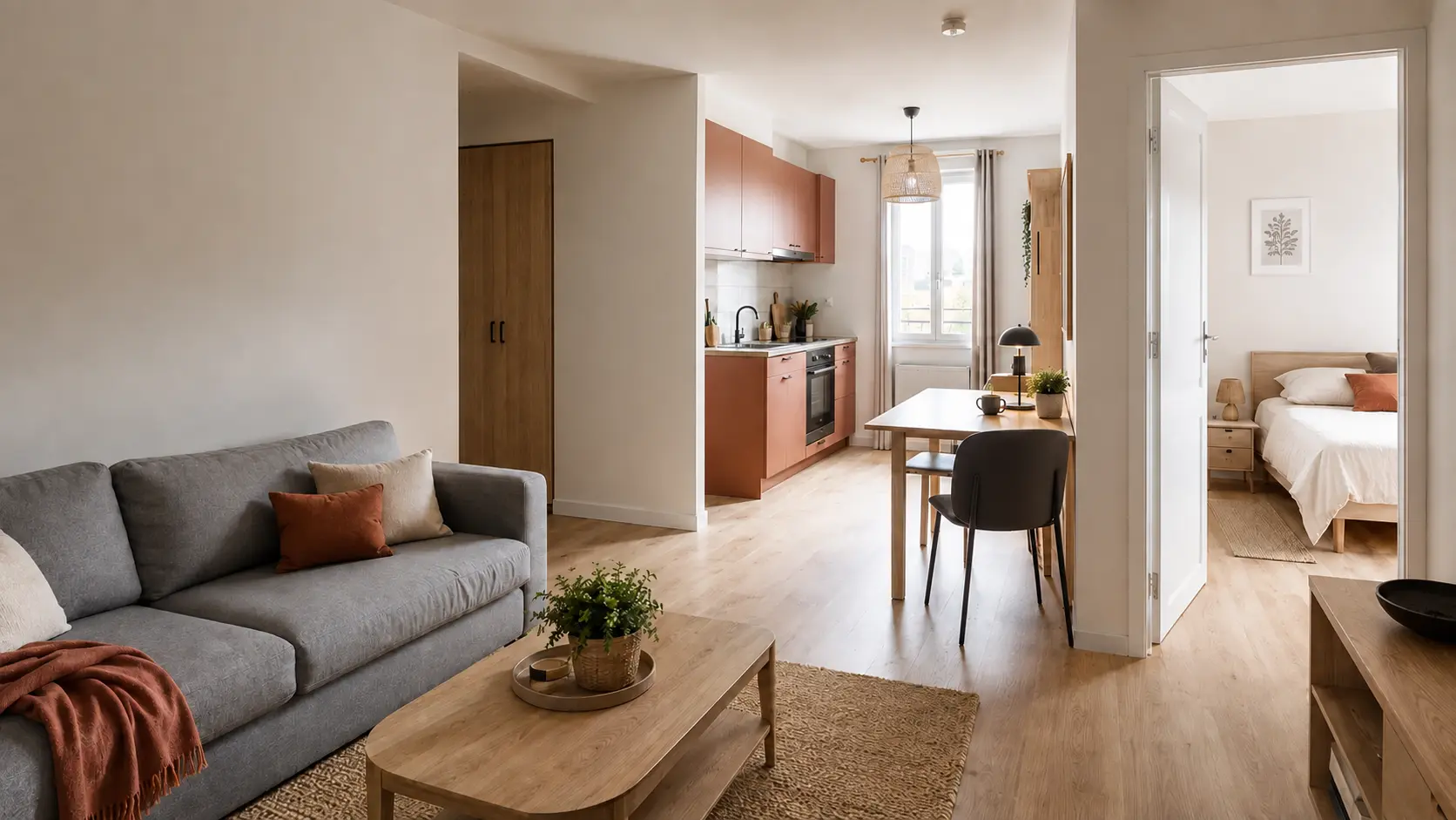 Appartement locatif meubl&eacute; r&eacute;nov&eacute; avec cuisine, rangements, coin repas et chambre s&eacute;par&eacute;e