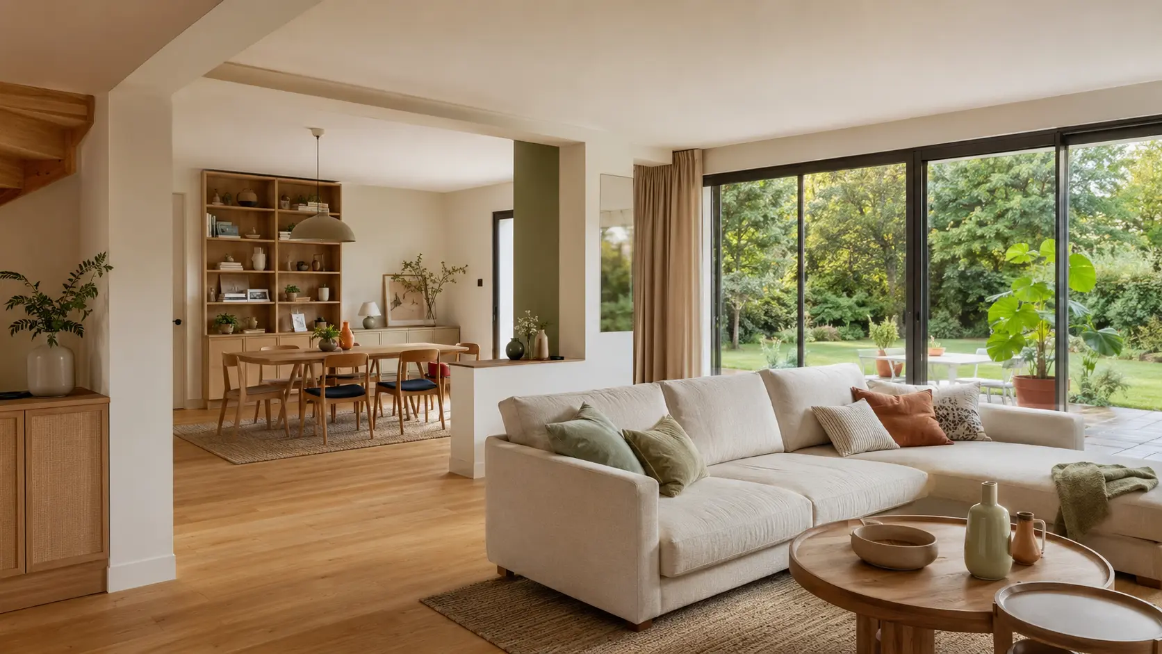 Pièce de vie rénovée d’une maison familiale de Seine-et-Marne ouverte sur le jardin