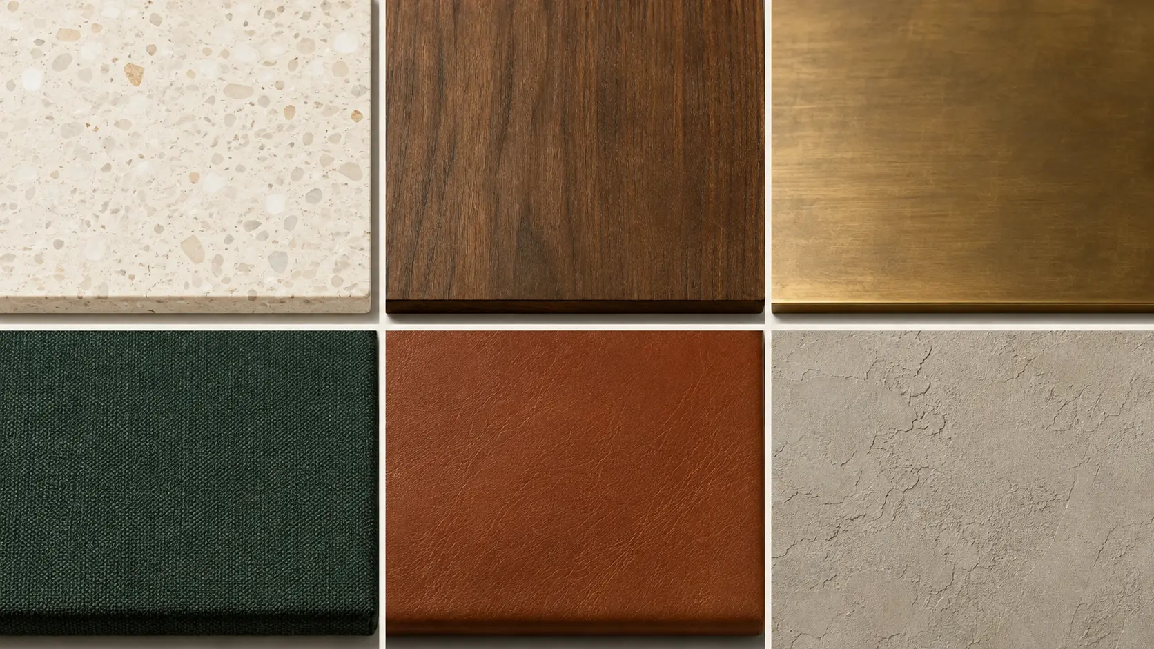 Terrazzo, noyer, laiton, tissu vert, cuir terracotta et enduit min&eacute;ral