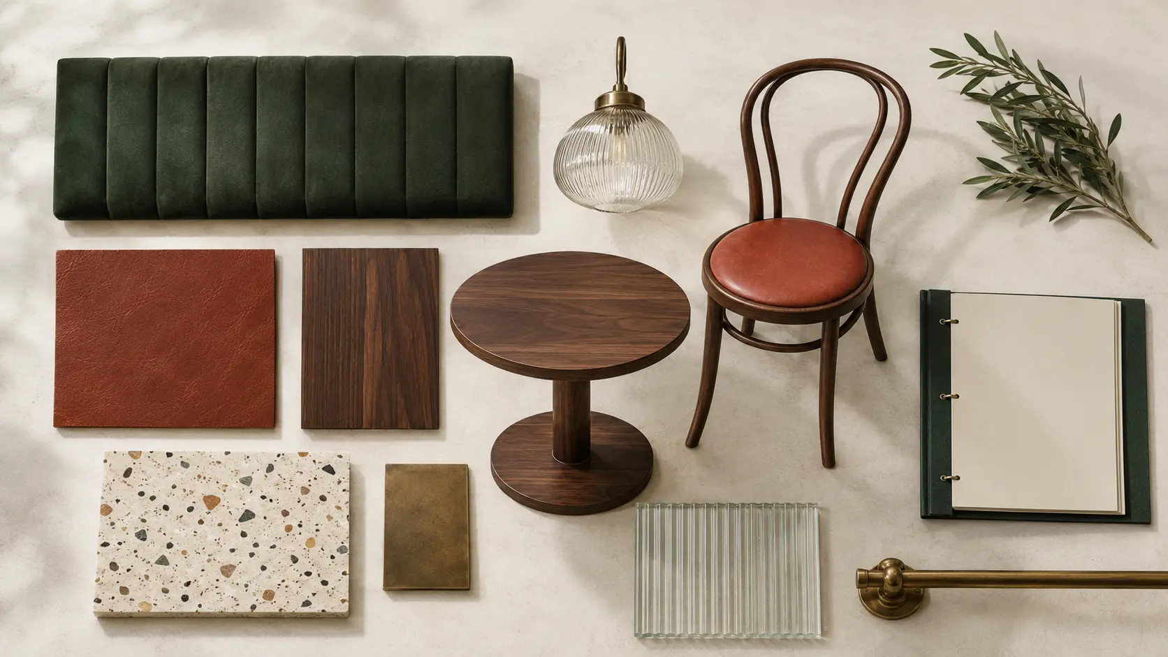 Moodboard de restaurant avec banquette, chaise, table, luminaire et mat&eacute;riaux