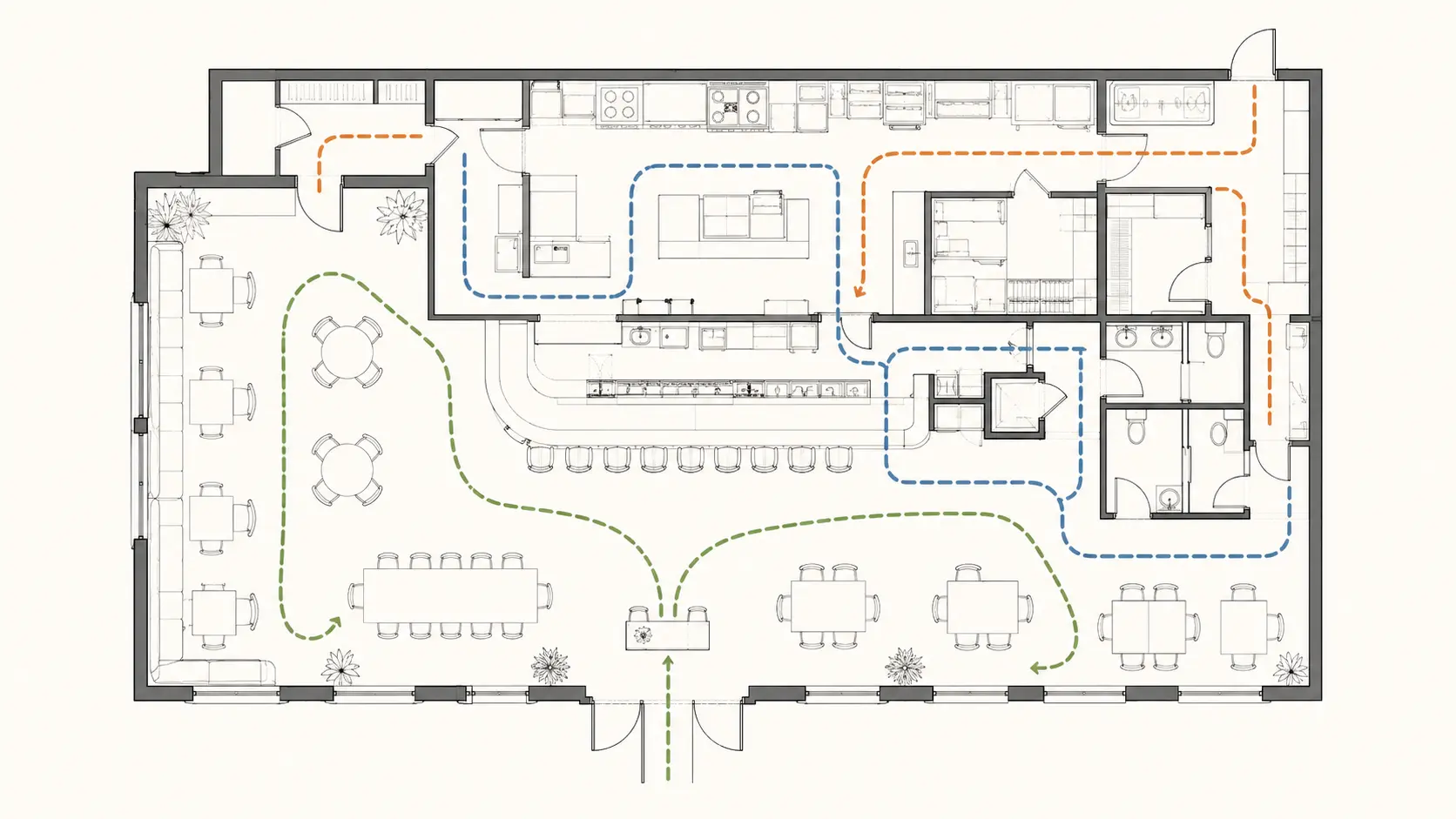 Plan de restaurant avec parcours clients, personnel et logistique