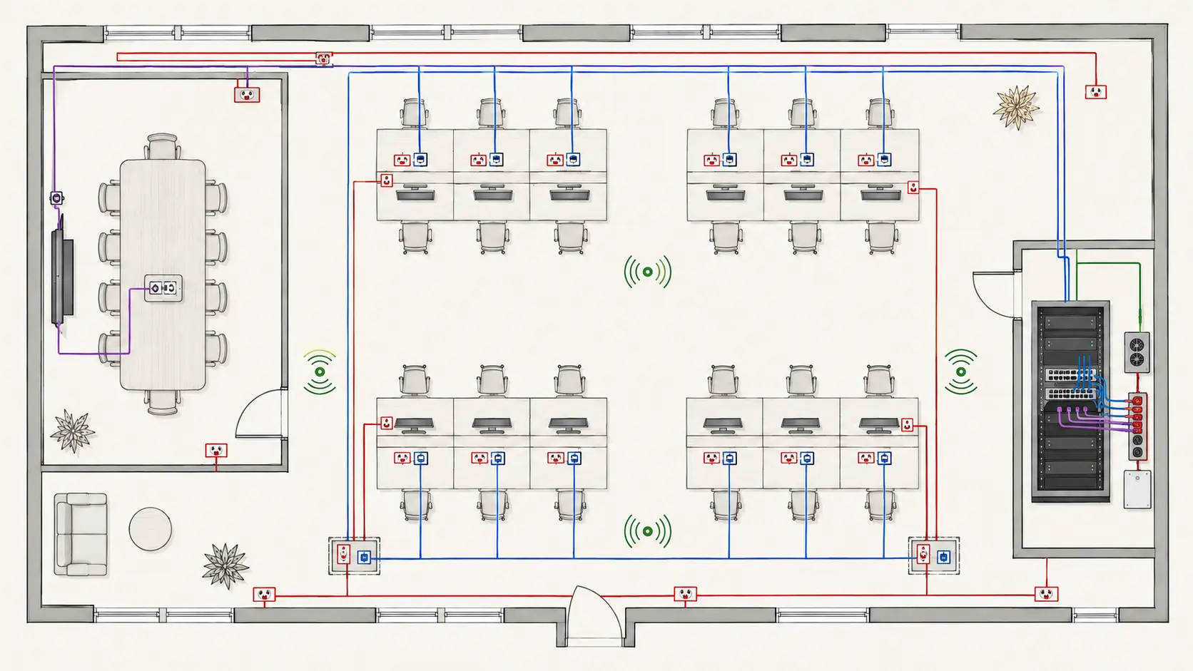 Sch&eacute;ma d&rsquo;implantation des prises &eacute;lectriques, donn&eacute;es, Wi-Fi et audiovisuel