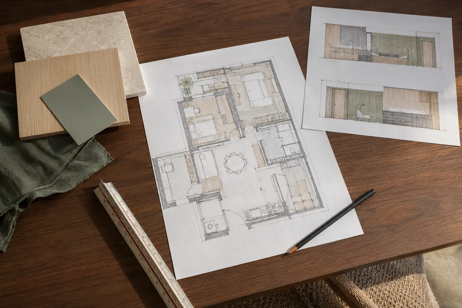 Plan d&rsquo;appartement et &eacute;chantillons de mat&eacute;riaux pour un projet de r&eacute;novation